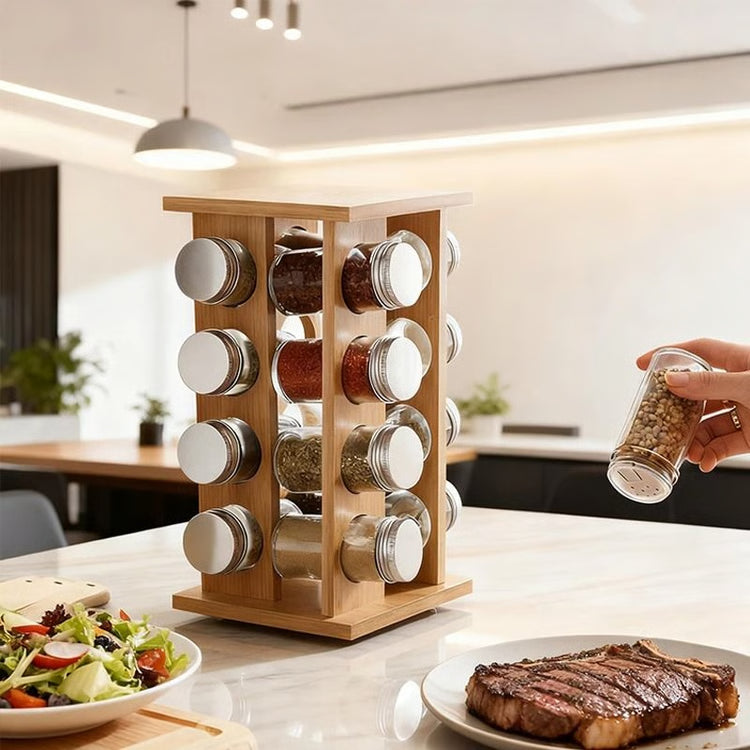 Rotating Wooden Spice Rack Organizer Multi Layer Seasoning Storage Stand for Condiments Herbs and Kitchen Essentials