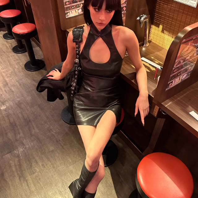 Black Faux Leather Mini Halter Dress with Slit, Luxury Hollow Out Short Clothes for Women